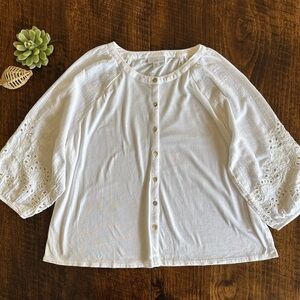 J. Jill | White Button Down Blouse with 3/4 Embroidered Puff Sleeves, Size LP